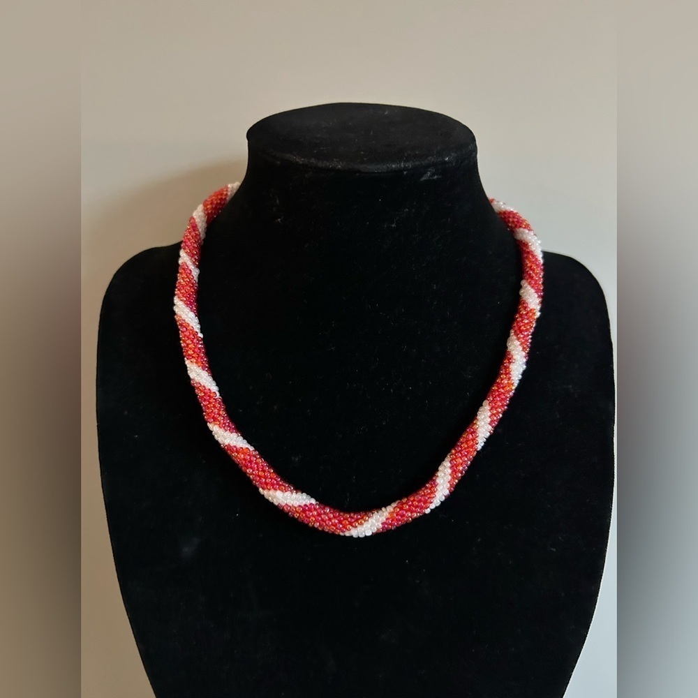 Handmade Red and White glass Beaded candy cane Necklace festive